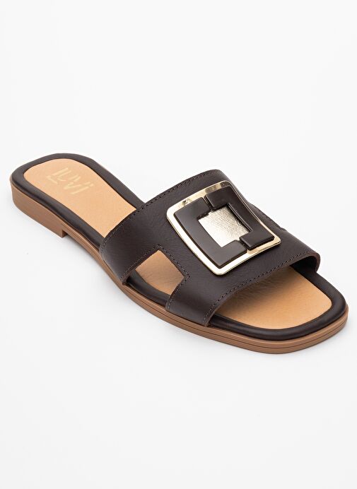 MİLLİE Kahverengi Hakiki Deri Tokalı Kadın Terlik - Görsel 4