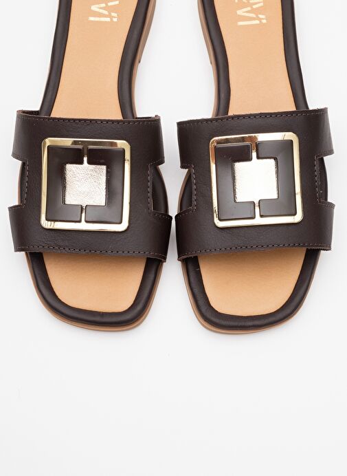 MİLLİE Kahverengi Hakiki Deri Tokalı Kadın Terlik - Görsel 3