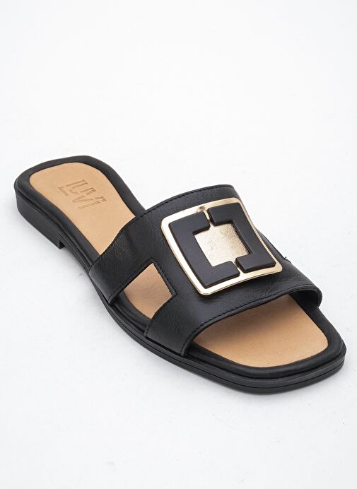 MİLLİE Siyah Hakiki Deri Tokalı Kadın Terlik - Görsel 4