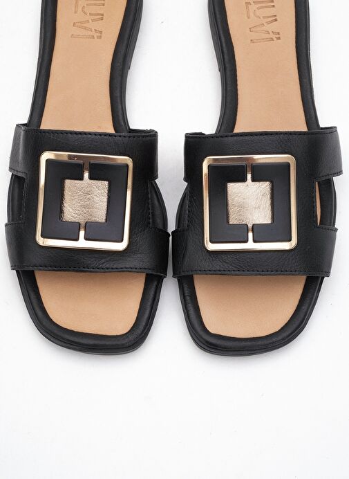 MİLLİE Siyah Hakiki Deri Tokalı Kadın Terlik - Görsel 3