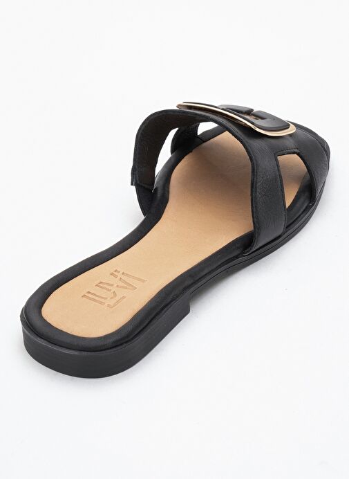 MİLLİE Siyah Hakiki Deri Tokalı Kadın Terlik - Görsel 6