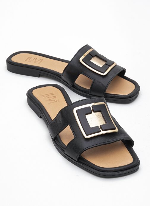 MİLLİE Siyah Hakiki Deri Tokalı Kadın Terlik - Görsel 2
