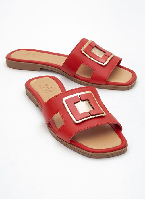 MİLLİE Kırmızı Hakiki Deri Tokalı Kadın Terlik - Görsel 2