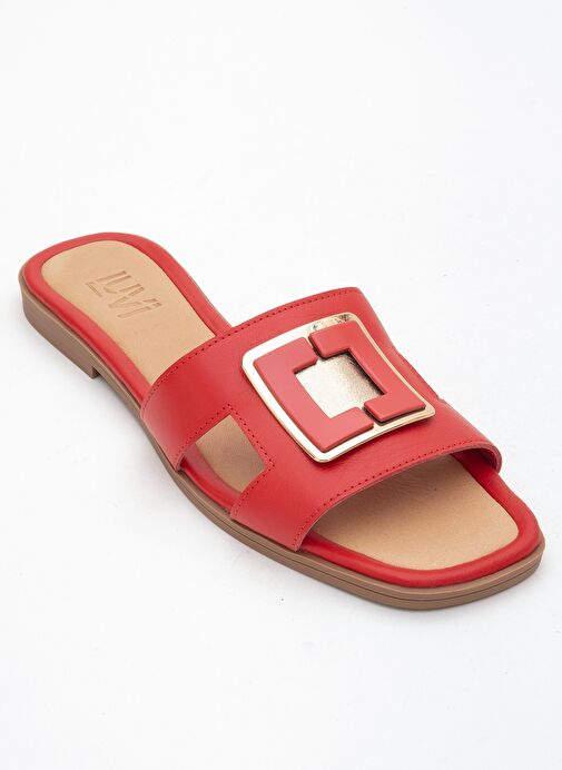 MİLLİE Kırmızı Hakiki Deri Tokalı Kadın Terlik - Görsel 4