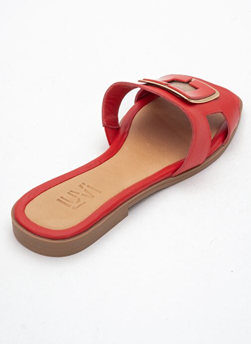 MİLLİE Kırmızı Hakiki Deri Tokalı Kadın Terlik - Görsel 6
