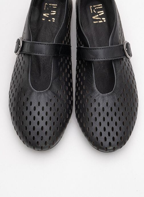 ARİAN Siyah Cilt Hakiki Deri Delikli Kadın Babet Ayakkabı - Görsel 3