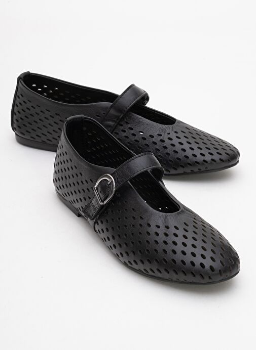 ARİAN Siyah Cilt Hakiki Deri Delikli Kadın Babet Ayakkabı - Görsel 2