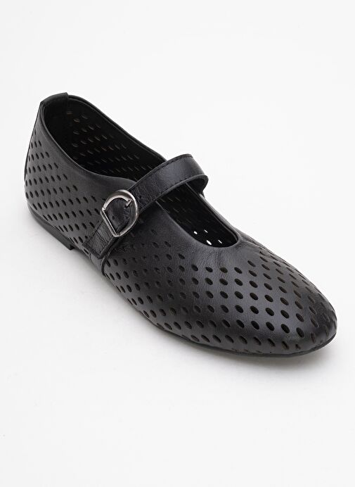 ARİAN Siyah Cilt Hakiki Deri Delikli Kadın Babet Ayakkabı - Görsel 4