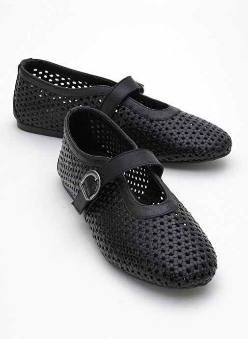 MİRELLA Siyah Örgülü Hakiki Deri Kadın Babet Ayakkabı - Görsel 2