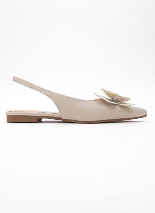 ORIOL Bej Cilt Kelebek Taşlı Sivri Burun Arkası Açık Kadın Babet Ayakkabı - Görsel 7