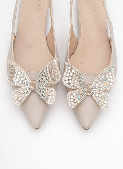 ORIOL Bej Cilt Kelebek Taşlı Sivri Burun Arkası Açık Kadın Babet Ayakkabı - Görsel 3