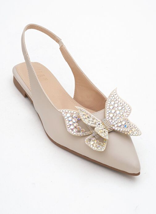 ORIOL Bej Cilt Kelebek Taşlı Sivri Burun Arkası Açık Kadın Babet Ayakkabı - Görsel 4