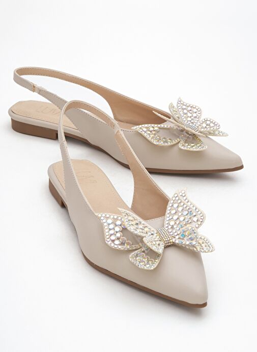 ORIOL Bej Cilt Kelebek Taşlı Sivri Burun Arkası Açık Kadın Babet Ayakkabı - Görsel 2