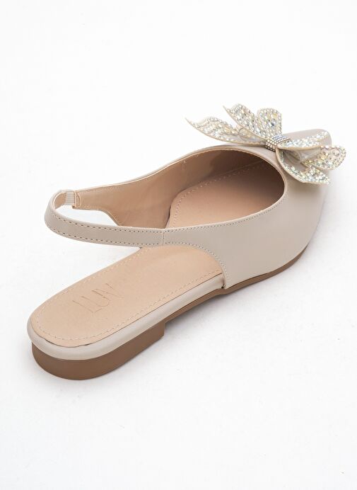 ORIOL Bej Cilt Kelebek Taşlı Sivri Burun Arkası Açık Kadın Babet Ayakkabı - Görsel 6