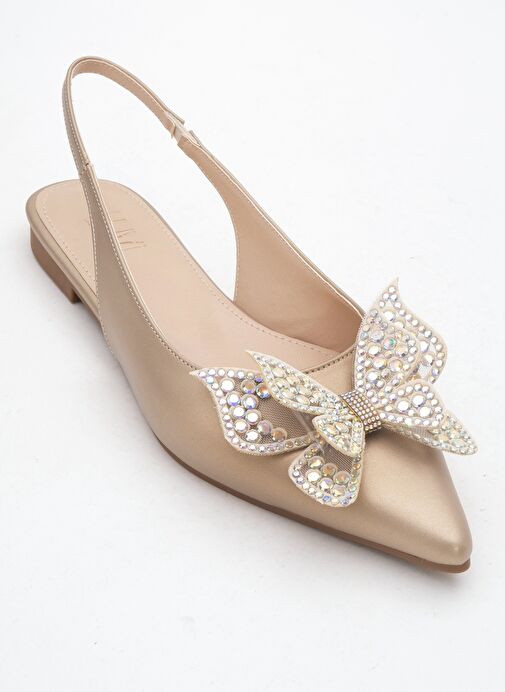 ORIOL Altın Cilt Kelebek Taşlı Sivri Burun Arkası Açık Kadın Babet Ayakkabı - Görsel 4