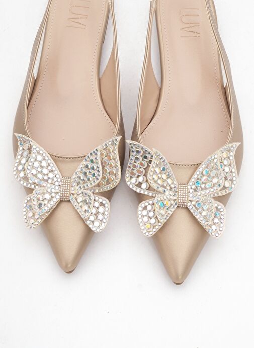 ORIOL Altın Cilt Kelebek Taşlı Sivri Burun Arkası Açık Kadın Babet Ayakkabı - Görsel 3