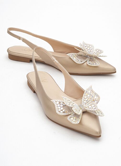 ORIOL Altın Cilt Kelebek Taşlı Sivri Burun Arkası Açık Kadın Babet Ayakkabı - Görsel 2