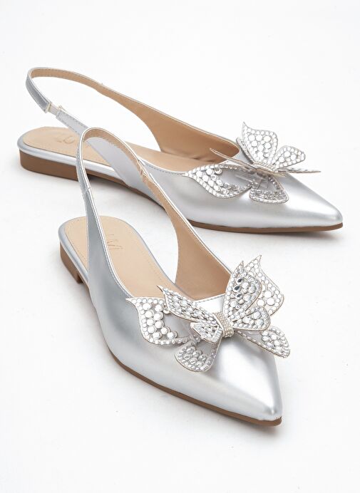 ORIOL Gümüş Cilt Kelebek Taşlı Sivri Burun Arkası Açık Kadın Babet Ayakkabı - Görsel 2