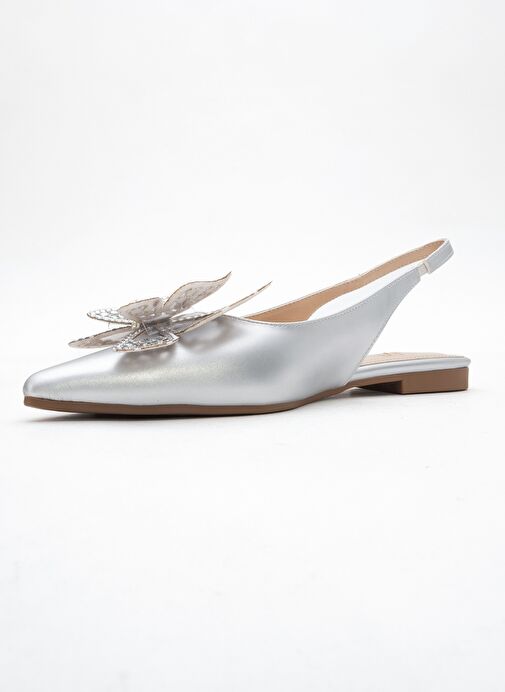 ORIOL Gümüş Cilt Kelebek Taşlı Sivri Burun Arkası Açık Kadın Babet Ayakkabı - Görsel 5