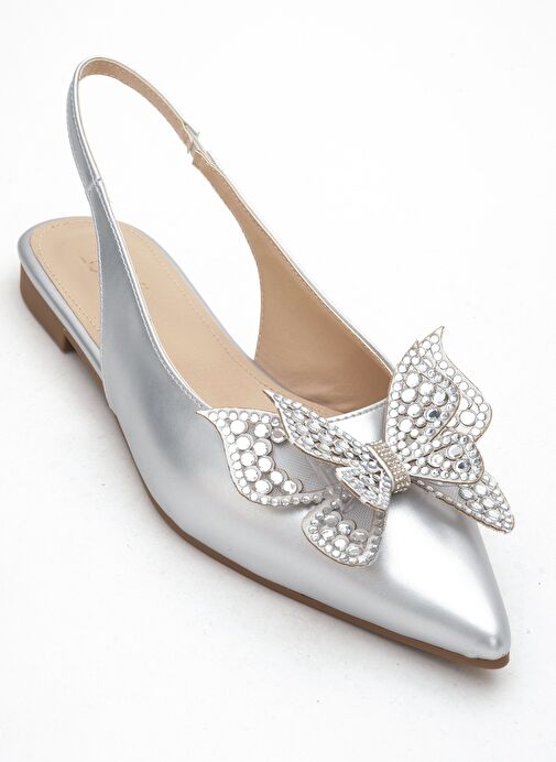 ORIOL Gümüş Cilt Kelebek Taşlı Sivri Burun Arkası Açık Kadın Babet Ayakkabı - Görsel 4