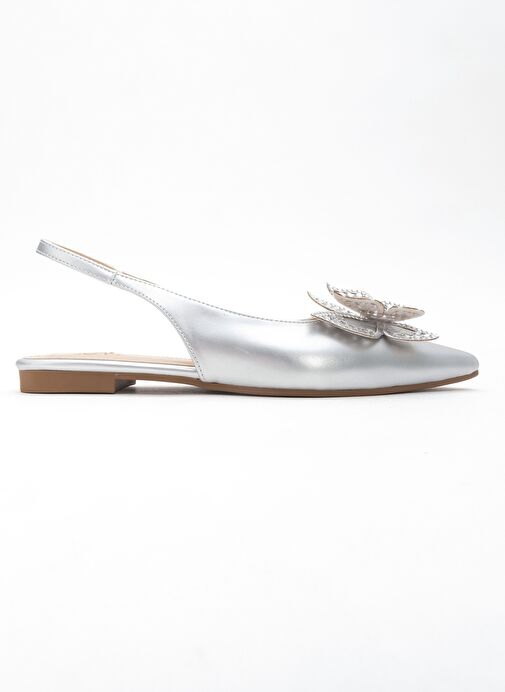 ORIOL Gümüş Cilt Kelebek Taşlı Sivri Burun Arkası Açık Kadın Babet Ayakkabı - Görsel 7