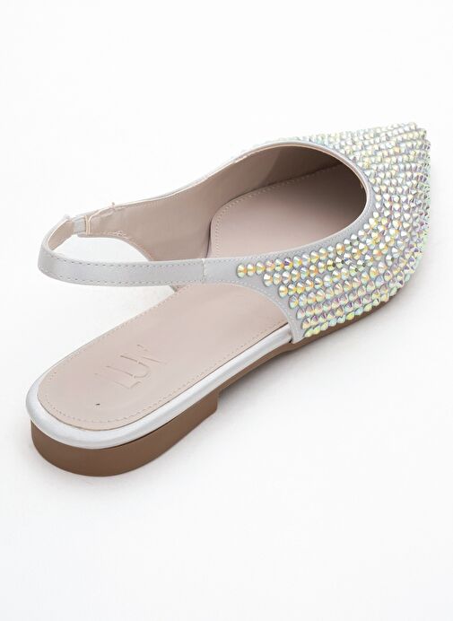 IDA Gümüş Renkli Taşlı Sivri Burun Arkası Açık Kadın Babet Ayakkabı - Görsel 6