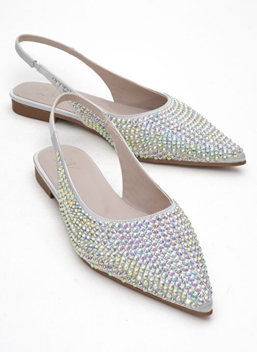 IDA Gümüş Renkli Taşlı Sivri Burun Arkası Açık Kadın Babet Ayakkabı - Görsel 2