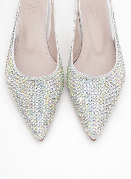 IDA Gümüş Renkli Taşlı Sivri Burun Arkası Açık Kadın Babet Ayakkabı - Görsel 3