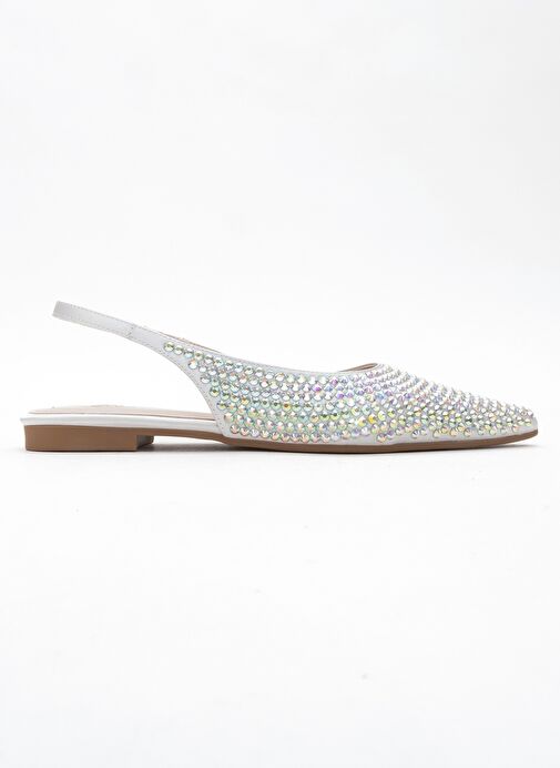 IDA Gümüş Renkli Taşlı Sivri Burun Arkası Açık Kadın Babet Ayakkabı - Görsel 7