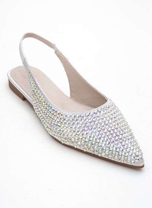 IDA Gümüş Renkli Taşlı Sivri Burun Arkası Açık Kadın Babet Ayakkabı - Görsel 4