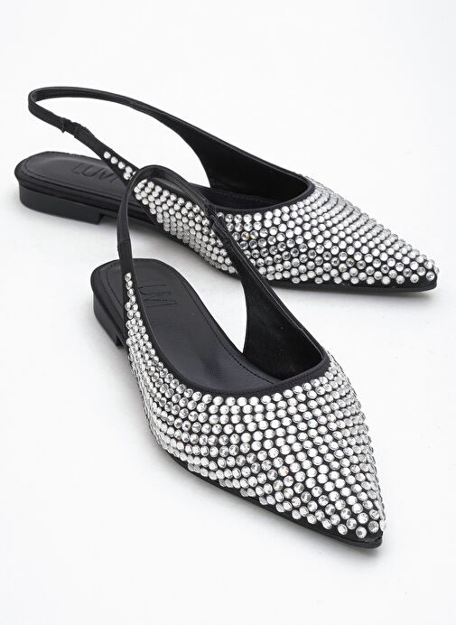 IDA Siyah Gümüş Taşlı Sivri Burun Arkası Açık Kadın Babet Ayakkabı - Görsel 2