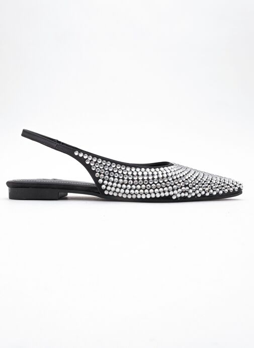 IDA Siyah Gümüş Taşlı Sivri Burun Arkası Açık Kadın Babet Ayakkabı - Görsel 7