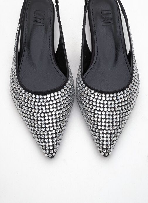 IDA Siyah Gümüş Taşlı Sivri Burun Arkası Açık Kadın Babet Ayakkabı - Görsel 3