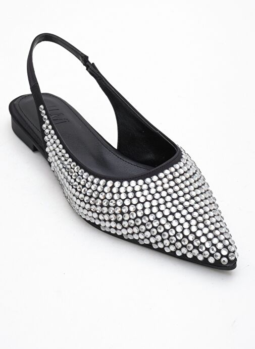 IDA Siyah Gümüş Taşlı Sivri Burun Arkası Açık Kadın Babet Ayakkabı - Görsel 4