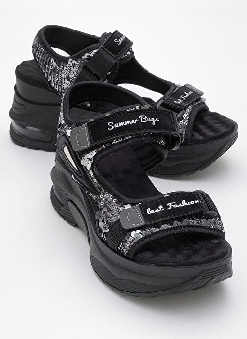 ARTHUR Siyah-Gri Payet Bantlı Kalın Taban Kadın Spor Sandalet - Görsel 2