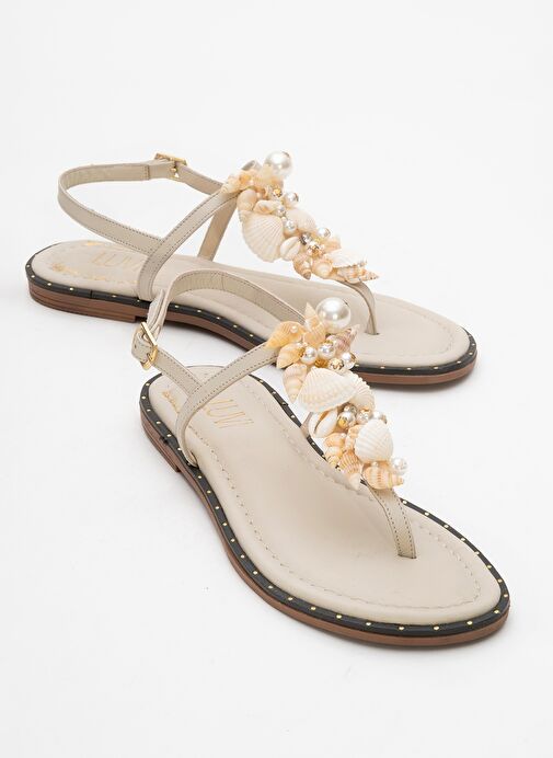 JOE Bej Deniz Kabuklu Hakiki Deri Parmak Arası Kadın Sandalet - Görsel 2