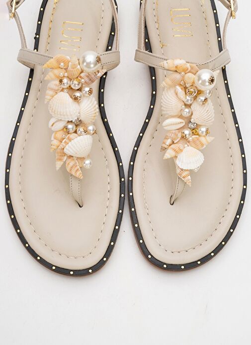 JOE Bej Deniz Kabuklu Hakiki Deri Parmak Arası Kadın Sandalet - Görsel 3