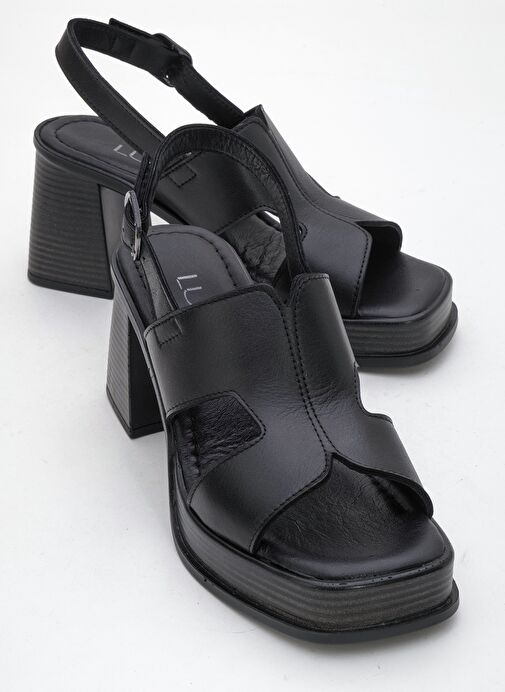 KEVIN Siyah Cilt Hakiki Deri Kadın Platform Topuklu Sandalet - Görsel 2