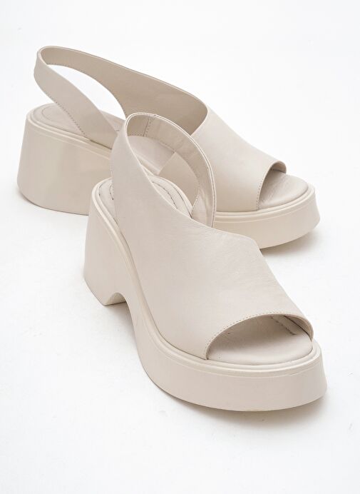 ROY Ekru Cilt Hakiki Deri Kadın Dolgu Topuklu Sandalet - Görsel 2