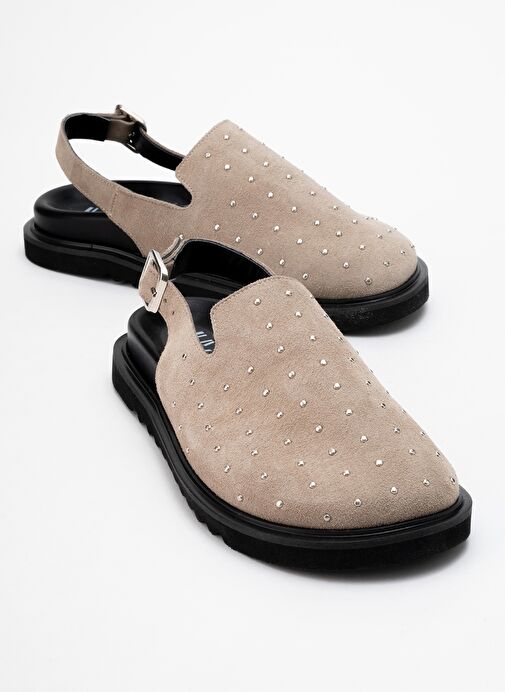 OUR Bej Hakiki Deri Süet Zımbalı Burnu Kapalı Kadın Sandalet - Görsel 2