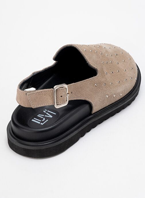 OUR Bej Hakiki Deri Süet Zımbalı Burnu Kapalı Kadın Sandalet - Görsel 6