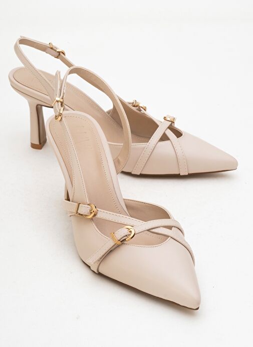 BİANA Bej Cilt Tokalı Sivri Burunlu Kadın Topuklu Ayakkabı - Görsel 2