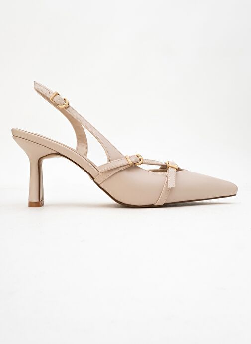 BİANA Bej Cilt Tokalı Sivri Burunlu Kadın Topuklu Ayakkabı - Görsel 7