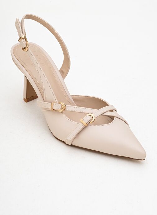 BİANA Bej Cilt Tokalı Sivri Burunlu Kadın Topuklu Ayakkabı - Görsel 4