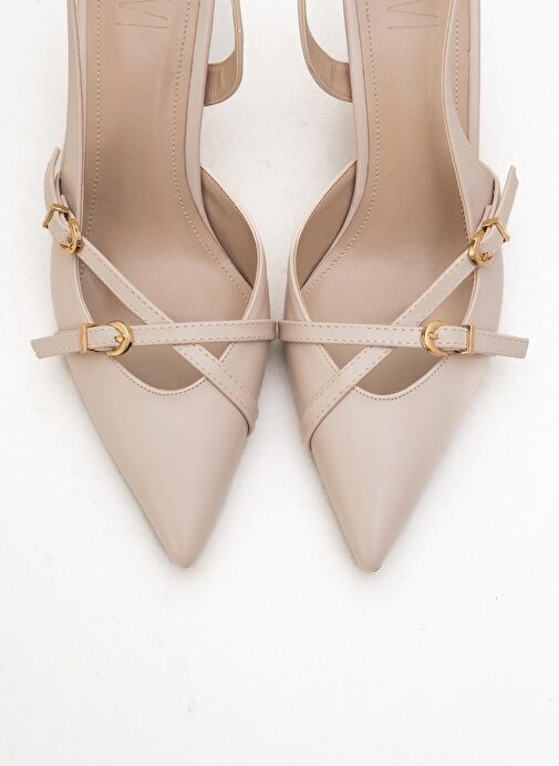 BİANA Bej Cilt Tokalı Sivri Burunlu Kadın Topuklu Ayakkabı - Görsel 3