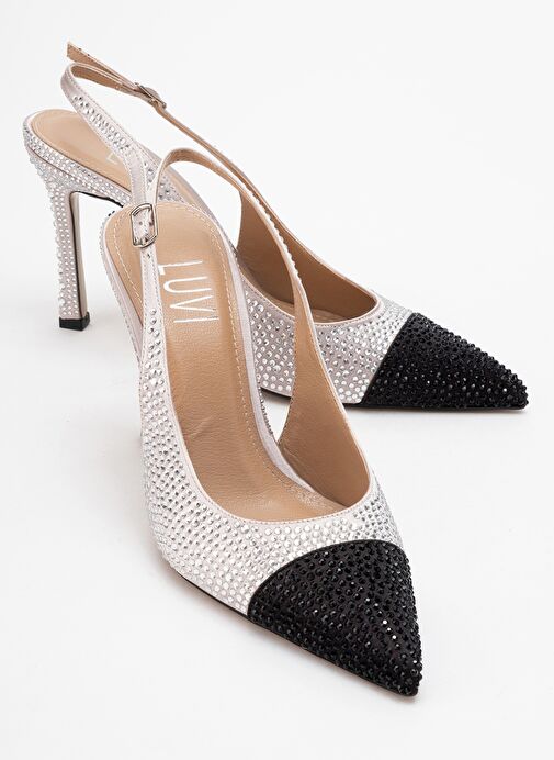 LONDON Bej Siyah Gümüş Taşlı Kadın Yüksek Topuklu Ayakkabı - Görsel 2