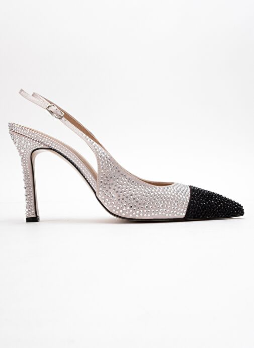 LONDON Bej Siyah Gümüş Taşlı Kadın Yüksek Topuklu Ayakkabı - Görsel 7