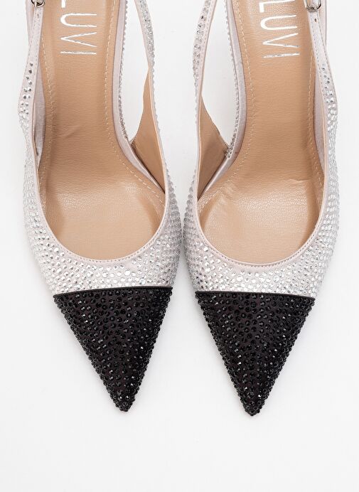 LONDON Bej Siyah Gümüş Taşlı Kadın Yüksek Topuklu Ayakkabı - Görsel 3