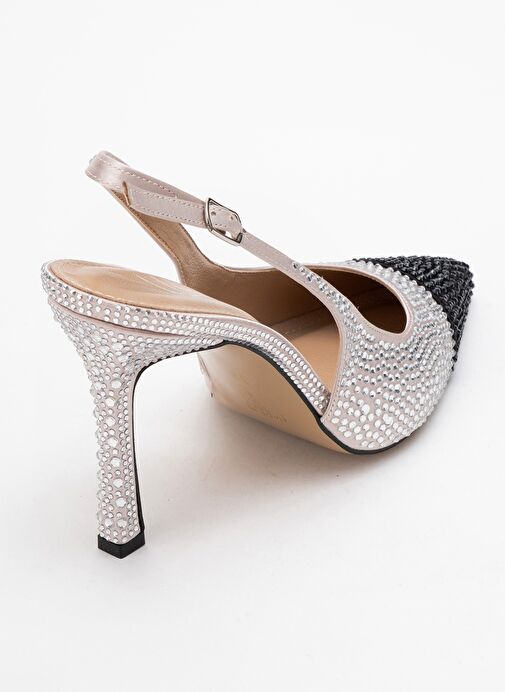 LONDON Bej Siyah Gümüş Taşlı Kadın Yüksek Topuklu Ayakkabı - Görsel 6