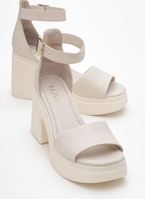 MARGOT Ekru Cilt Hakiki Deri Kadın Platform Topuklu Sandalet - Görsel 2